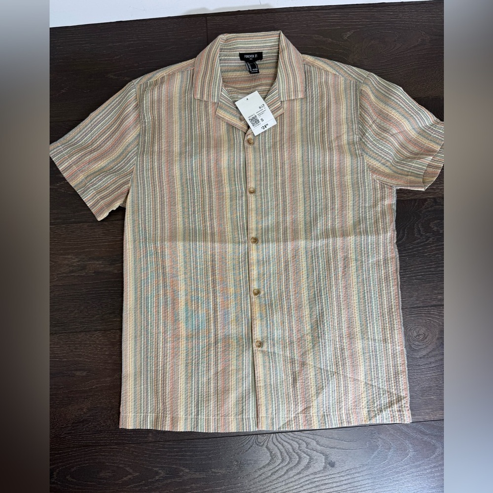 Forever 21 Men Striped Beige Short Sleeve Shirt